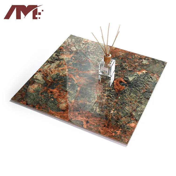 Granite-Look Red/Green Polished Porcelain Floor Tile 600x600mm