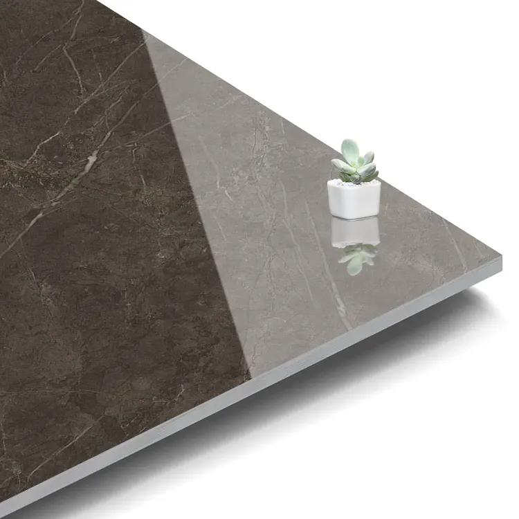 Marble-Look Brown Glossy Porcelain Wall And Floor Tile 600x600mm