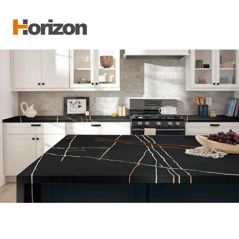 Marble-Look Black Engineered Quartz Slab 3200x1600mm