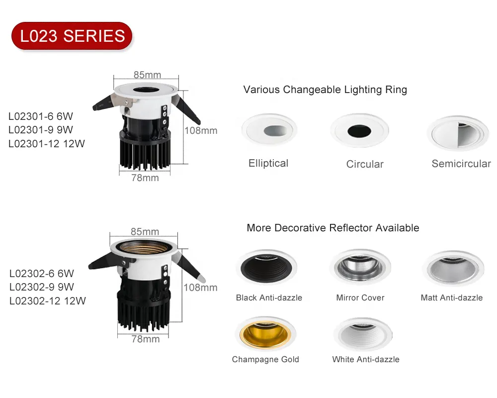 Adjustable Dimmable DALI Recessed LED Downlight White/Gold/Black 6-12W