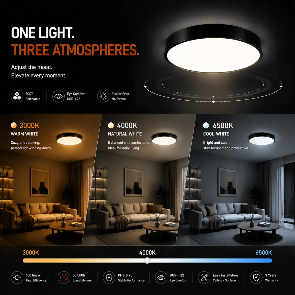 Surface-Mounted Aluminum LED Ceiling Light 40-60W 3CCT Selectable